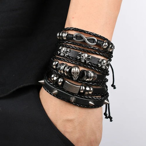 Bracciale cuoio pz teschi - bracciale,